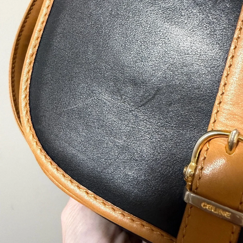 Celine Leather Crossbody Shoulder Bag Black with Tan Trim - Picture 9 of 13